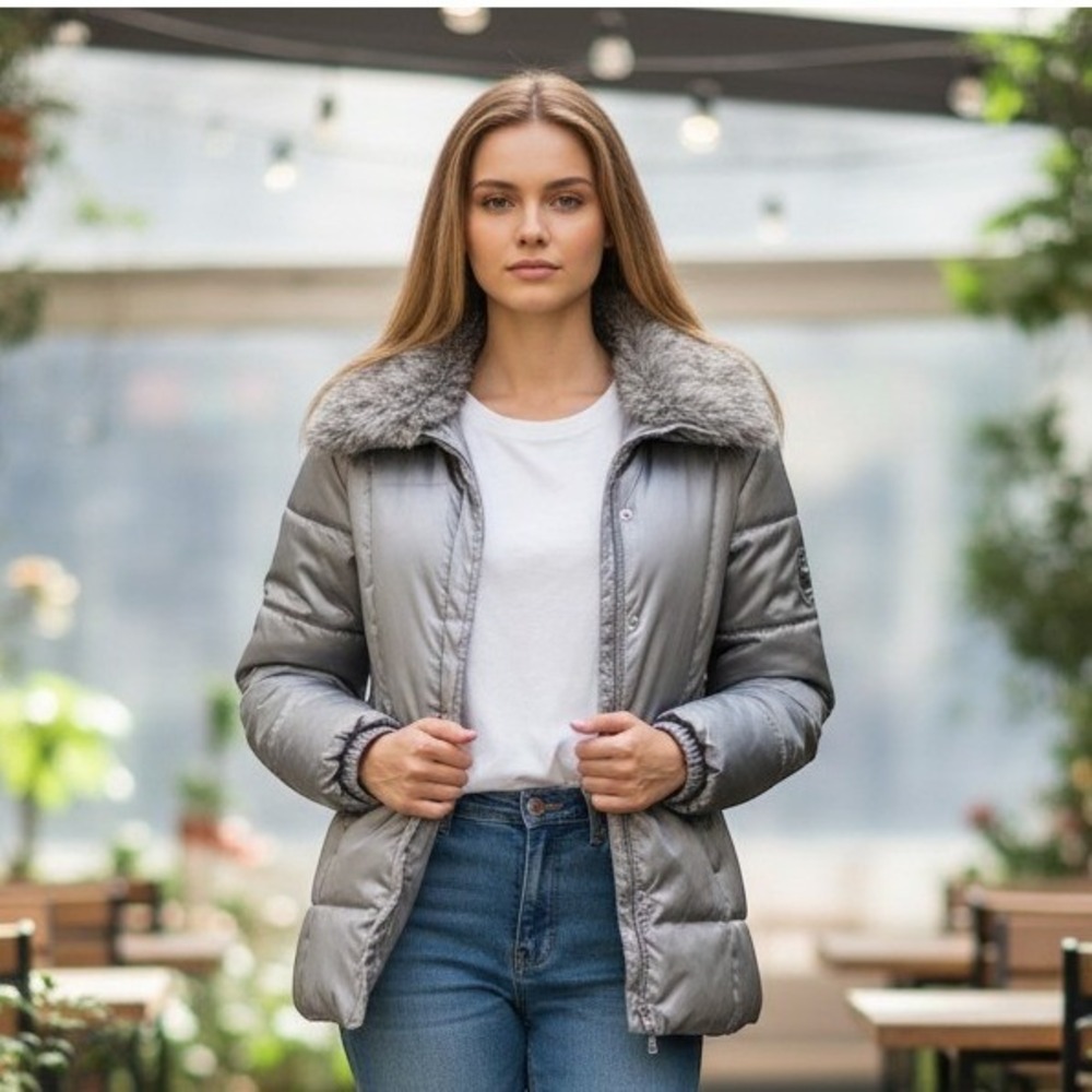 Womens Silver Puffer Jacket Coat Faux Fur Trim Hooded Winter Cabincore Large